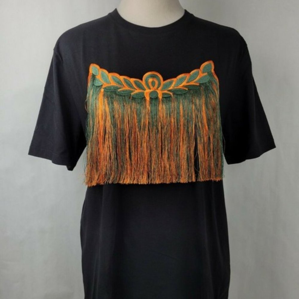 MCM Women's Black Cotton Fringe Logo T-Shirt